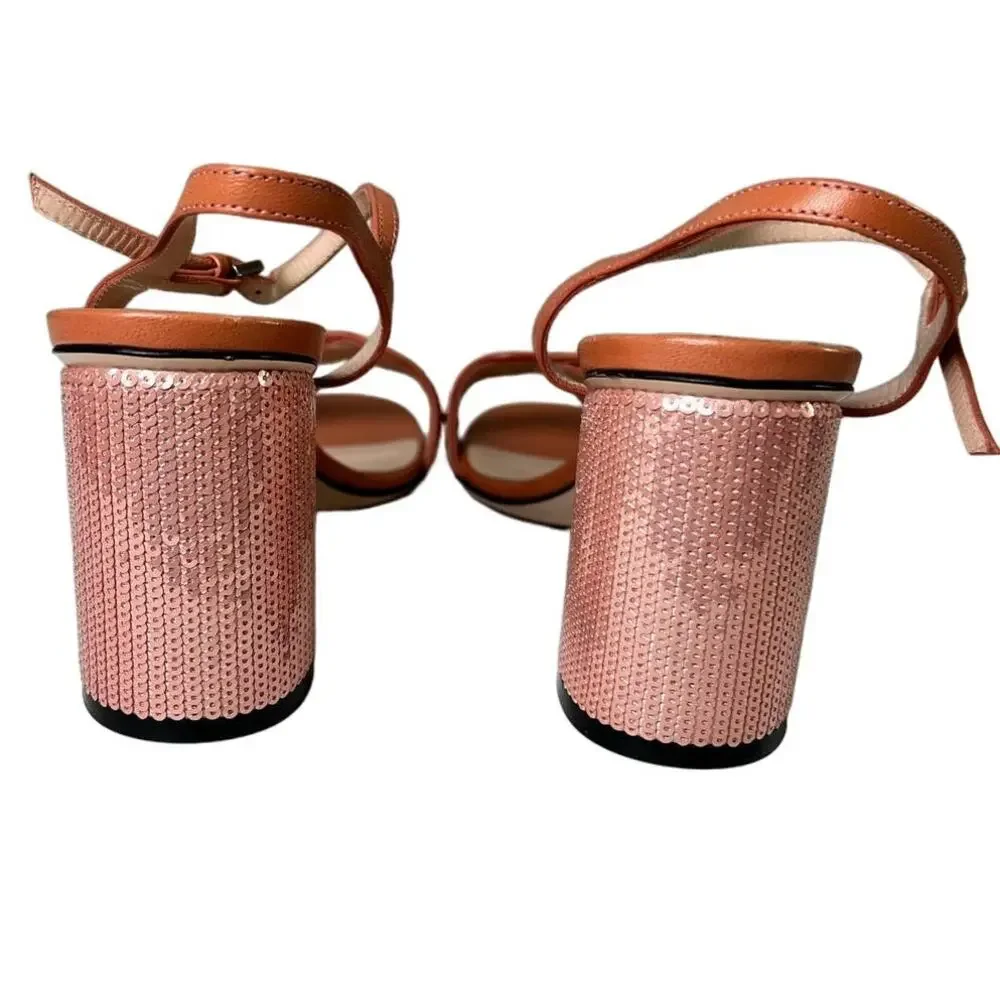 Gucci Pink Sequin GG Marmont Mid Heeled Sandals 37
